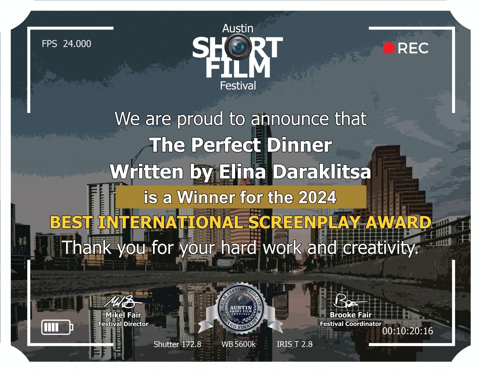 Βράβευση της επίκουρης καθηγήτριας Ελίνας Νταρακλίτσα από το Austin Short Film Festival της Αμερικής Βράβευση της επίκουρης καθηγήτριας Ελίνας Νταρακλίτσα από το Austin Short Film Festival της Αμερικής